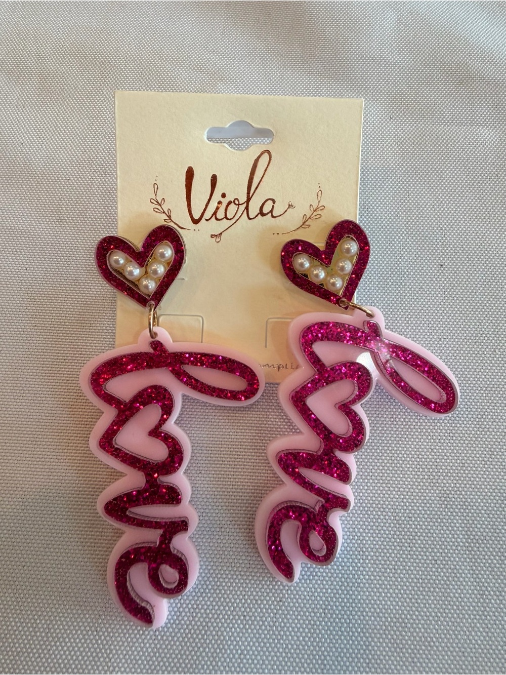 NWT Viola Pink Glitter 'Love' Drop Statement Earrings 3” Long